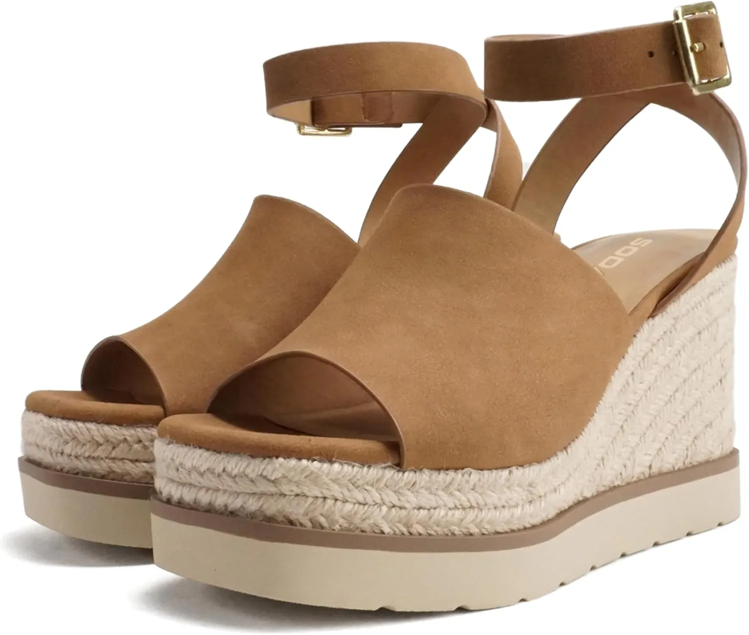Soda “Stella” ~ Women Square Peep Toe Single Band Platform Espadrille Wedge Sandals with Adjustable Ankle Strap
