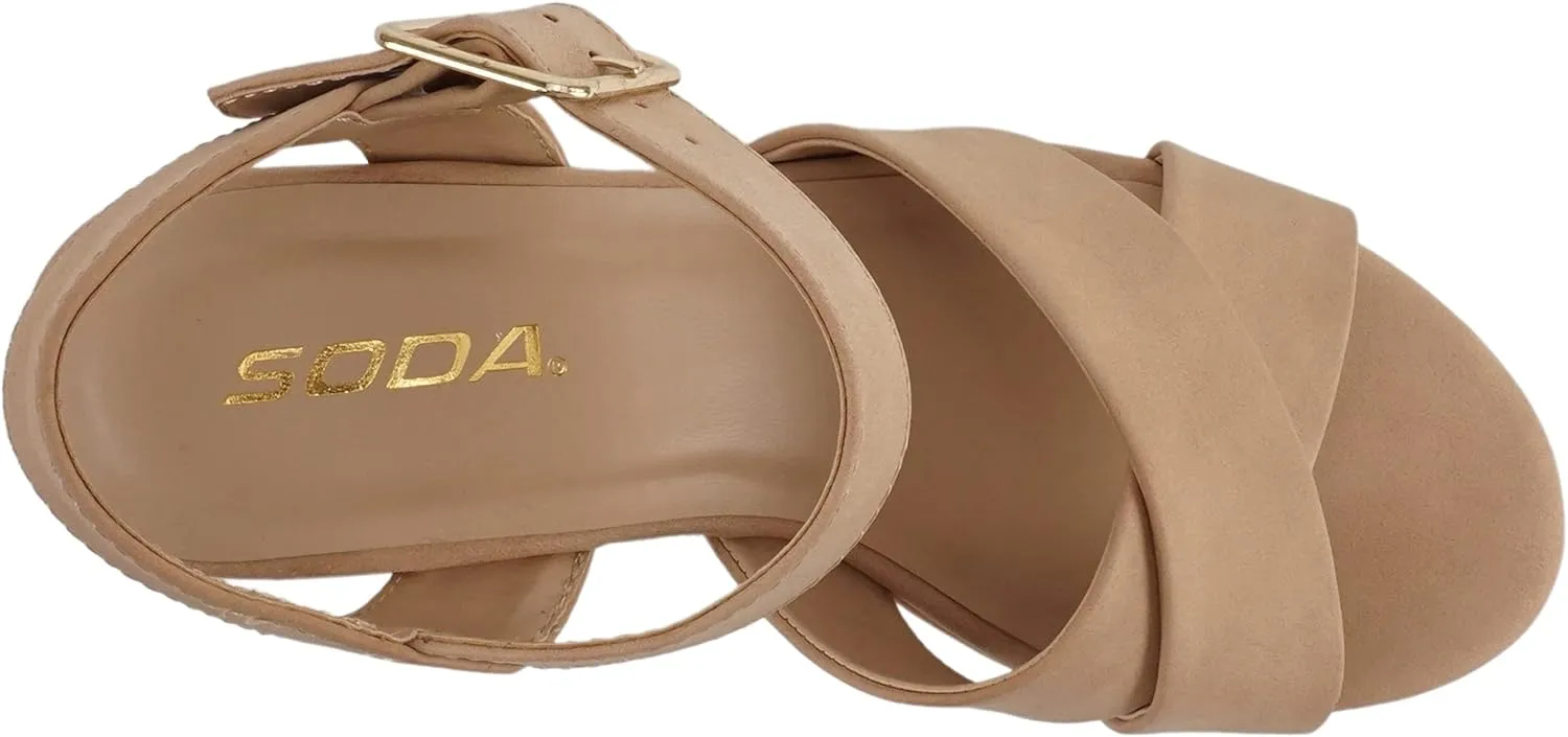 Soda “SYREN” ~ Women Open Round Toe Crisscross Band Ankle Strap Buckle High Heel Notch Wedge Sandal