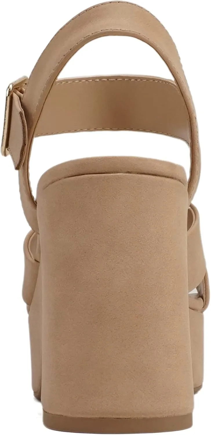 Soda “SYREN” ~ Women Open Round Toe Crisscross Band Ankle Strap Buckle High Heel Notch Wedge Sandal