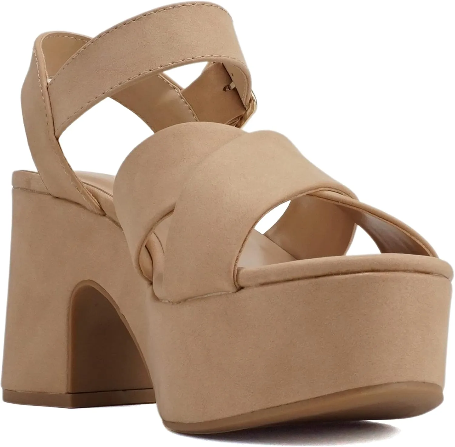 Soda “SYREN” ~ Women Open Round Toe Crisscross Band Ankle Strap Buckle High Heel Notch Wedge Sandal