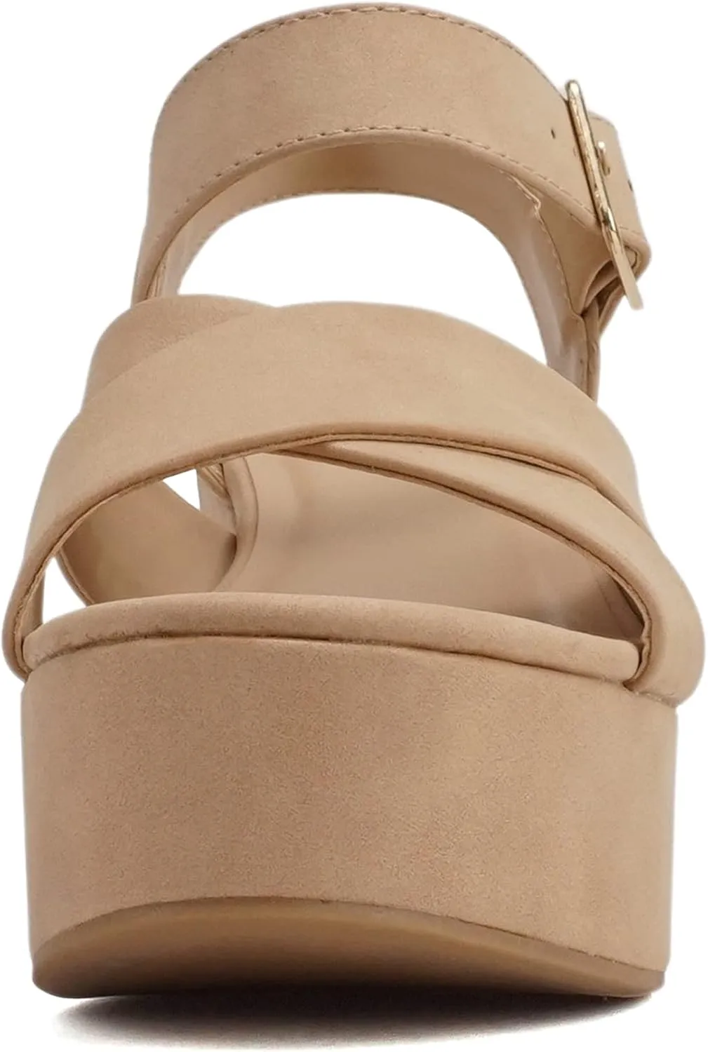 Soda “SYREN” ~ Women Open Round Toe Crisscross Band Ankle Strap Buckle High Heel Notch Wedge Sandal