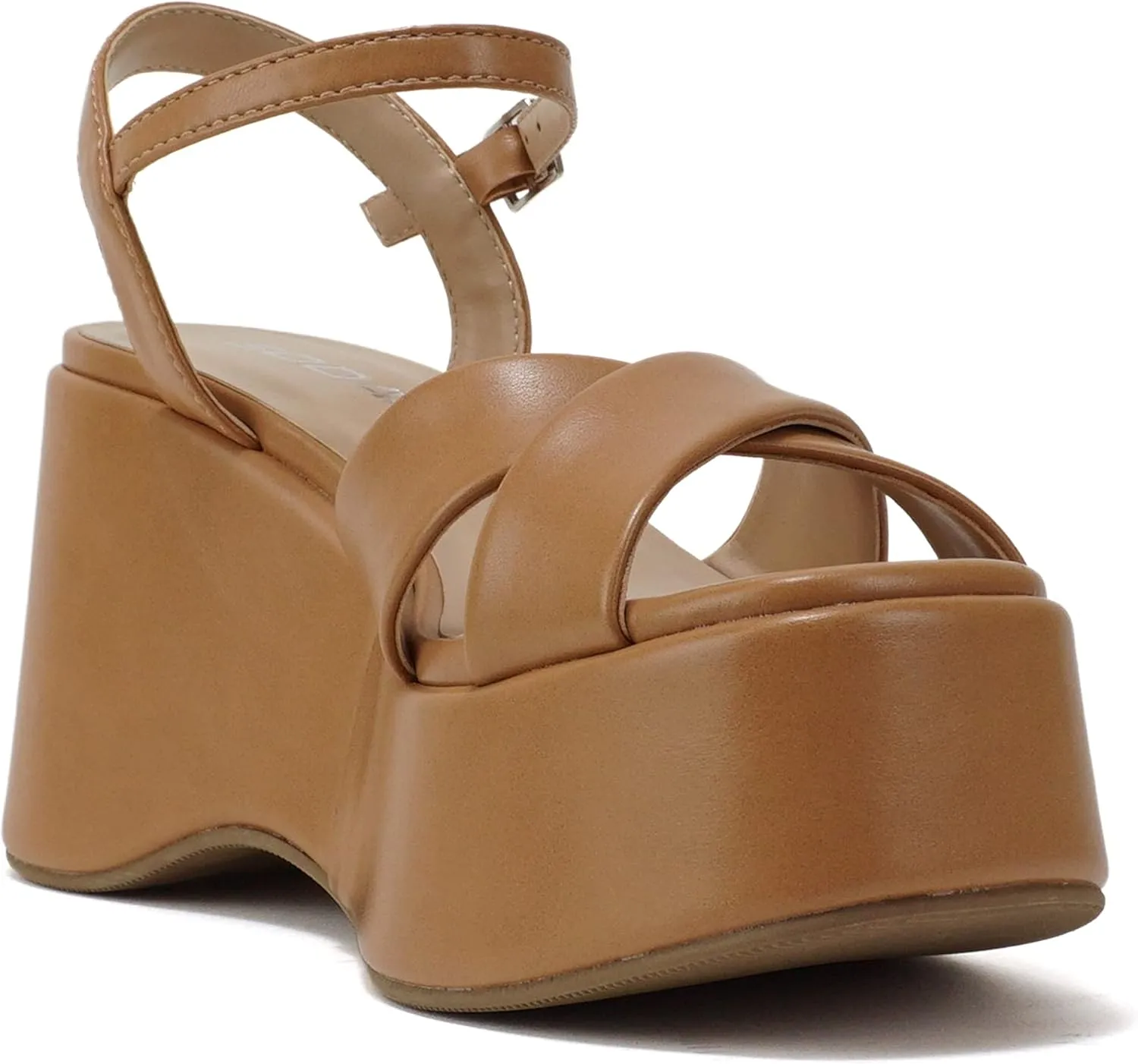 Soda “TECNO” ~ Women Square Toe Crisscross Upper High Heeled Wedge Sandal with Adjustable Ankle Strap