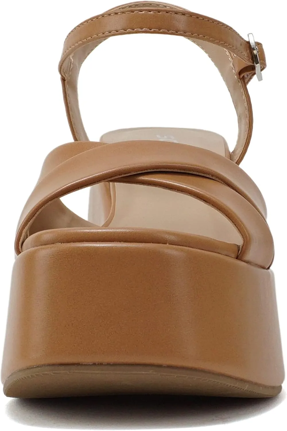Soda “TECNO” ~ Women Square Toe Crisscross Upper High Heeled Wedge Sandal with Adjustable Ankle Strap