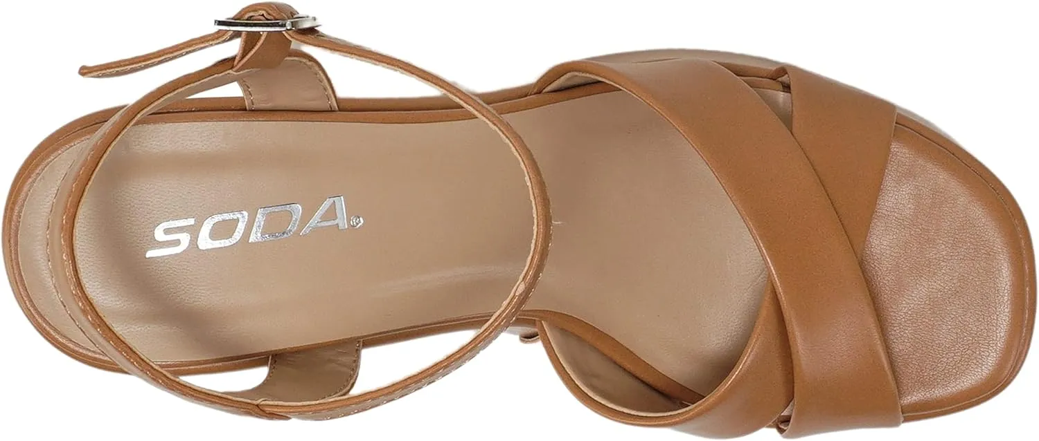 Soda “TECNO” ~ Women Square Toe Crisscross Upper High Heeled Wedge Sandal with Adjustable Ankle Strap