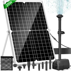 Solar Water Fountain Pump, 25W Solar Pond Pump 450GPH Solar Powered Water Pump with 16.5Ft Extendable Power Cord, 4 Style Sprayers and Pump Barrier Bag for Pond Fountains, Water Features