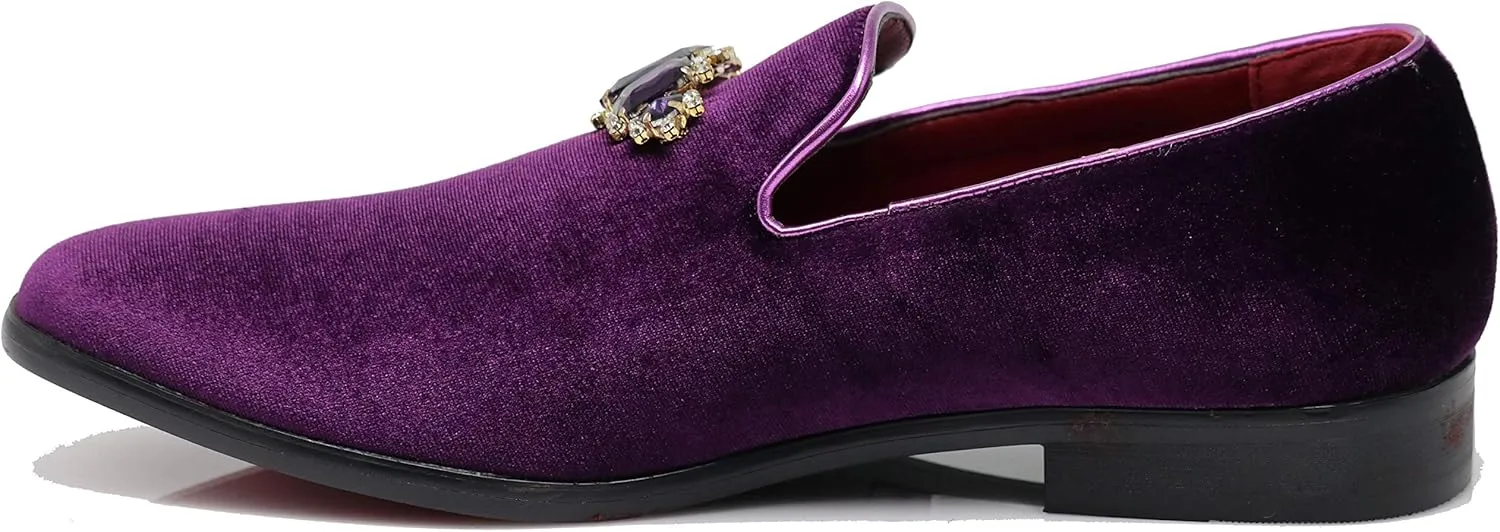 SPK32 Men's Vintage Plain Rhinestone Velvet Dress Loafers Slip On Shoes Classic Tuxedo Dress Shoes