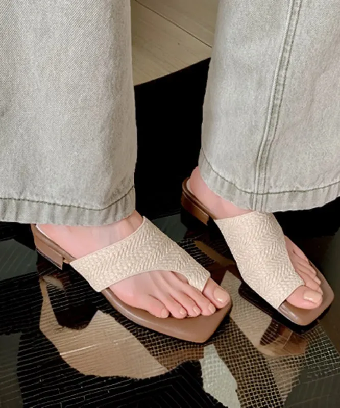 Stylish Apricot Faux Leather Chunky Flip Flops Splicing