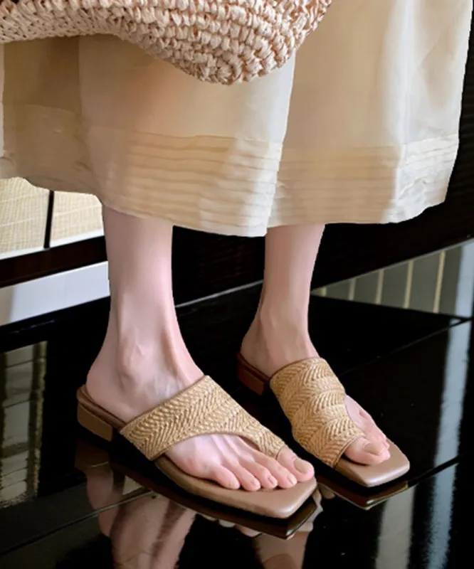 Stylish Apricot Faux Leather Chunky Flip Flops Splicing