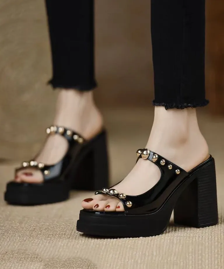 Stylish Rivet Splicing Chunky Heel Black Cowhide Leather Slide Sandals