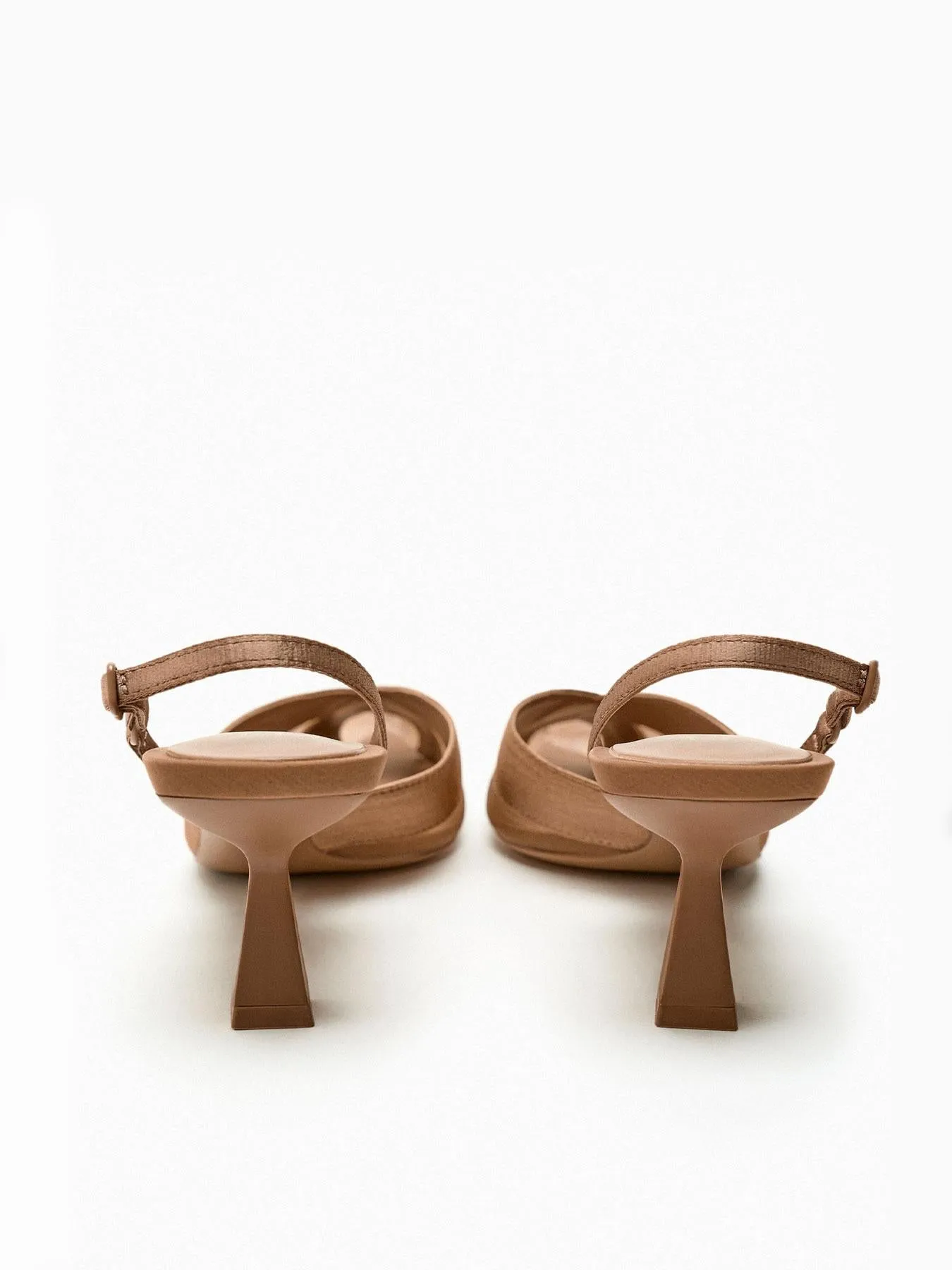 Tan Semi-Transparent Mesh Satin Buckled Slingback Pointy Kitten Flared Pumps