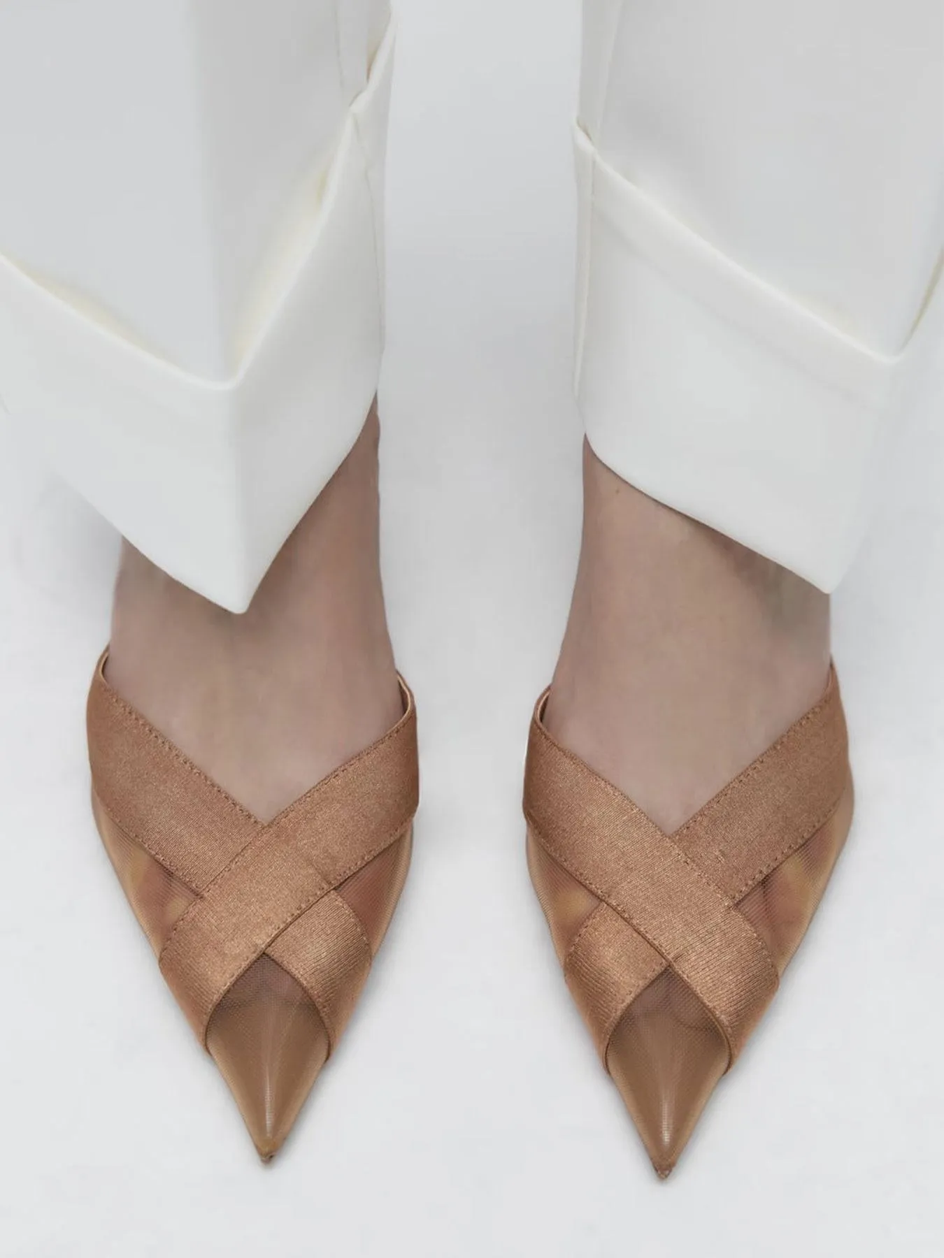 Tan Semi-Transparent Mesh Satin Buckled Slingback Pointy Kitten Flared Pumps