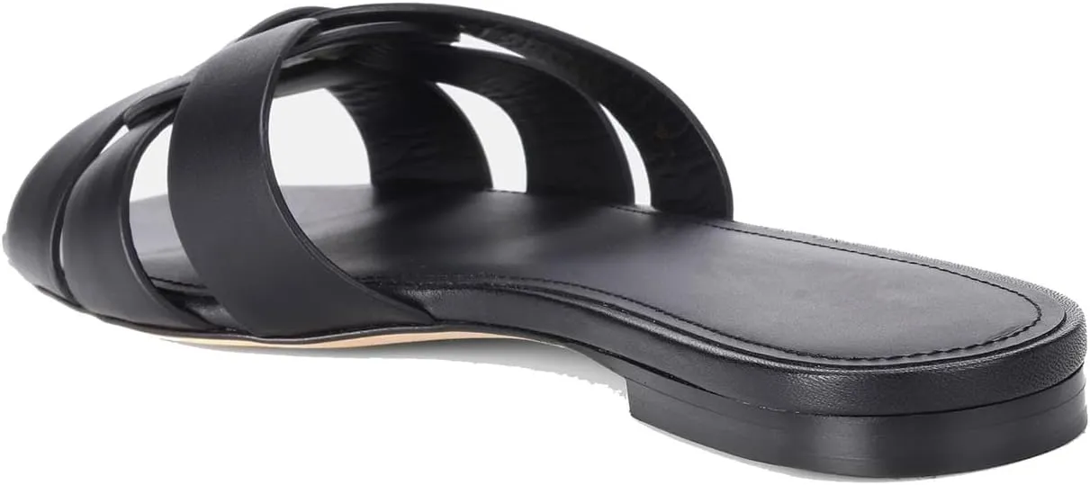 THESHY Women's Flat Sandals Square Toe Patent Leather Comfortable Slip on Slippers Casual Summer Dressy Beach Slide Sandals for Women