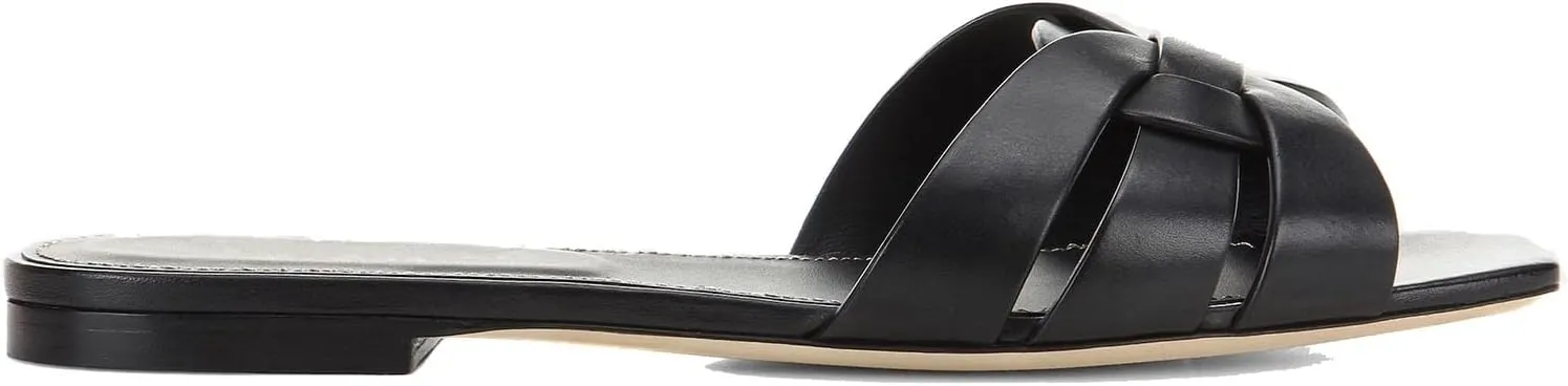 THESHY Women's Flat Sandals Square Toe Patent Leather Comfortable Slip on Slippers Casual Summer Dressy Beach Slide Sandals for Women