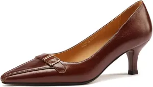 TinaCus Handmade Genuine Leather Women's Closed Pointed Toe Mid Kitten Heel Vintage Pump Shoes with Buckle Decor