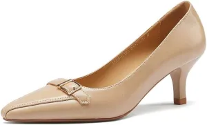TinaCus Handmade Genuine Leather Women's Closed Pointed Toe Mid Kitten Heel Vintage Pump Shoes with Buckle Decor