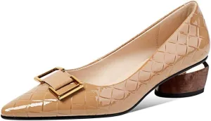 TinaCus Women's Patent Leather Pointed Toe Handmade Low Chunky Heel Fashion Loafer Shoes with Buckle