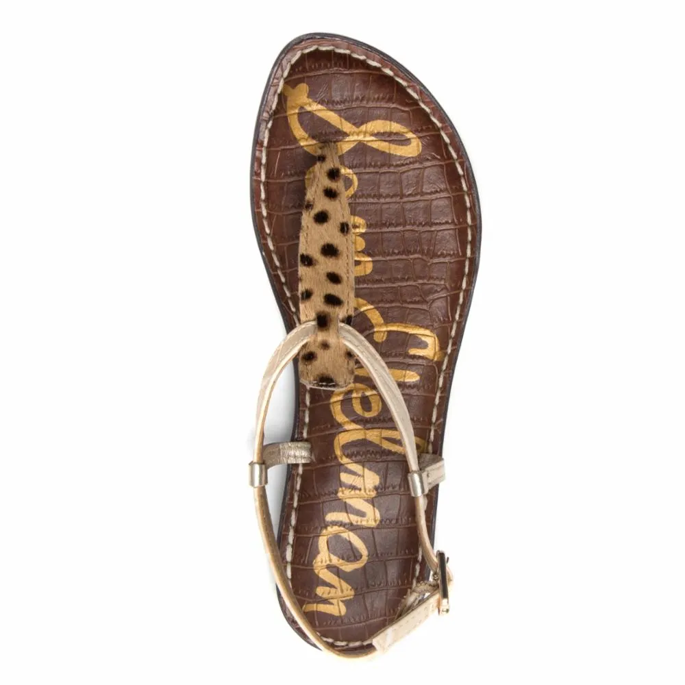 Toe Flats Rich selection Cheetah Tan/Gold Sam Sandals Strap Embossed Highly recommended Open Gigi Ankle Edelman