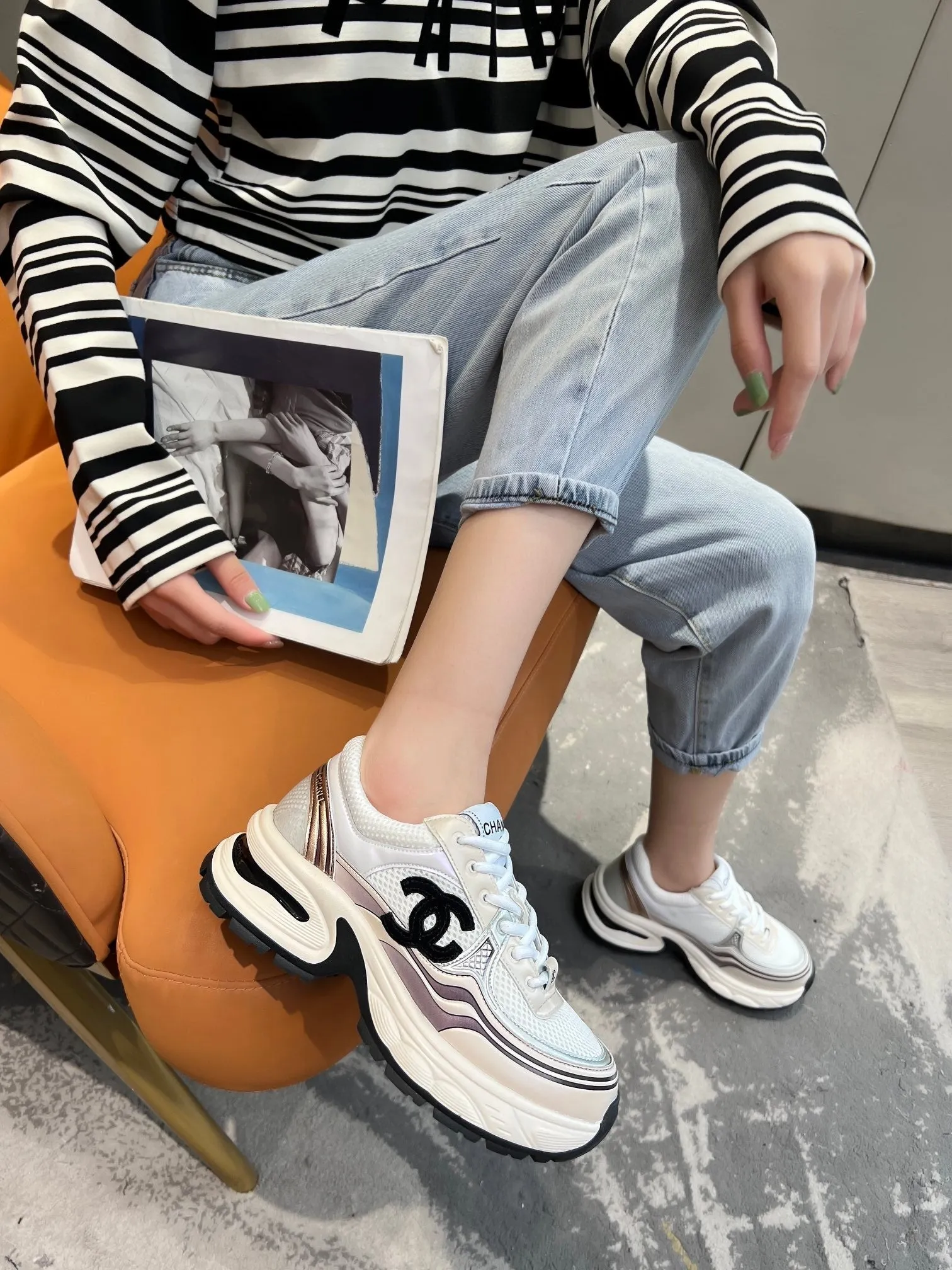 Unbeatable variety Compact trainer CHANEL mesh white calfskin black