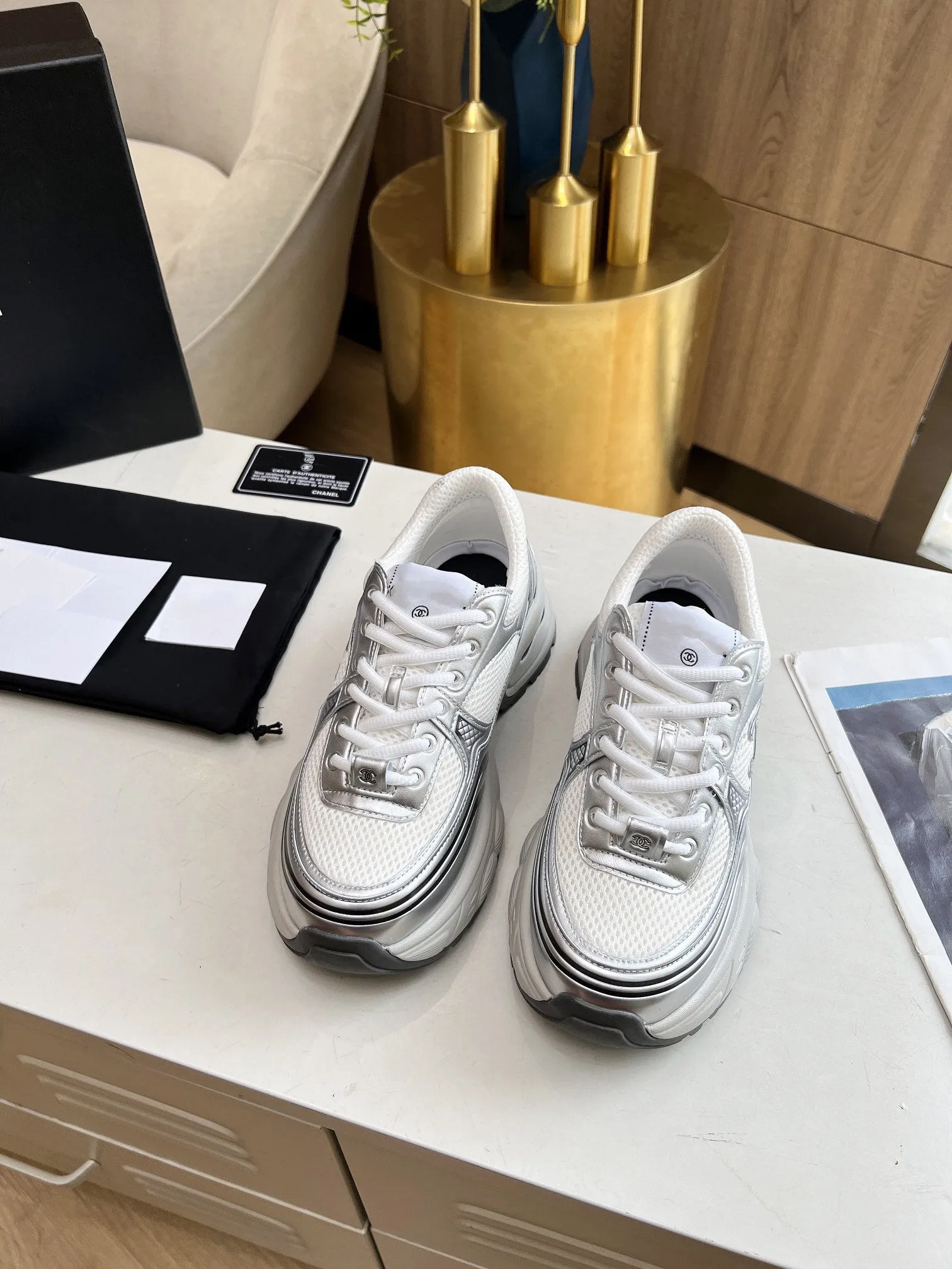 Unbeatable variety Compact trainer CHANEL mesh white calfskin black