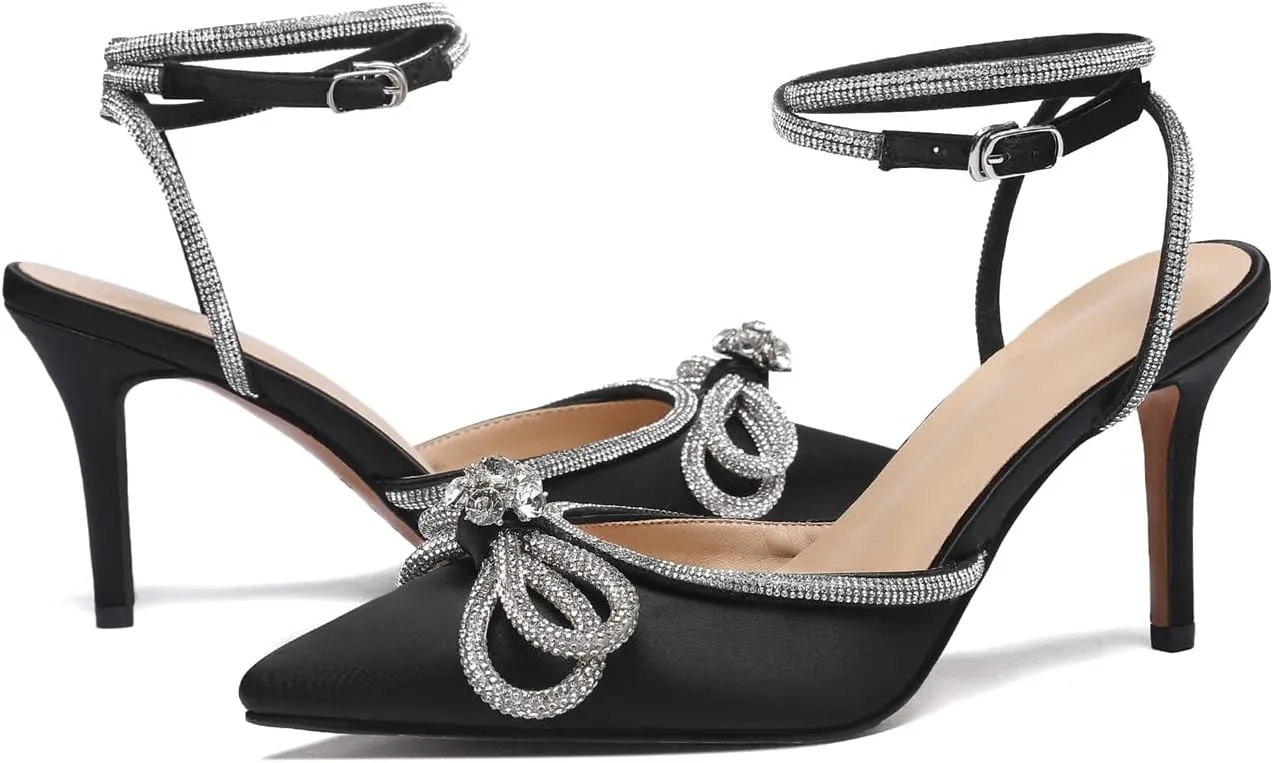 Vertundy Women's Lace up High Heeled Sandals Ankle Buckle Strap Rhinestone Bowknot Stilettos Satin Pointy Pumps