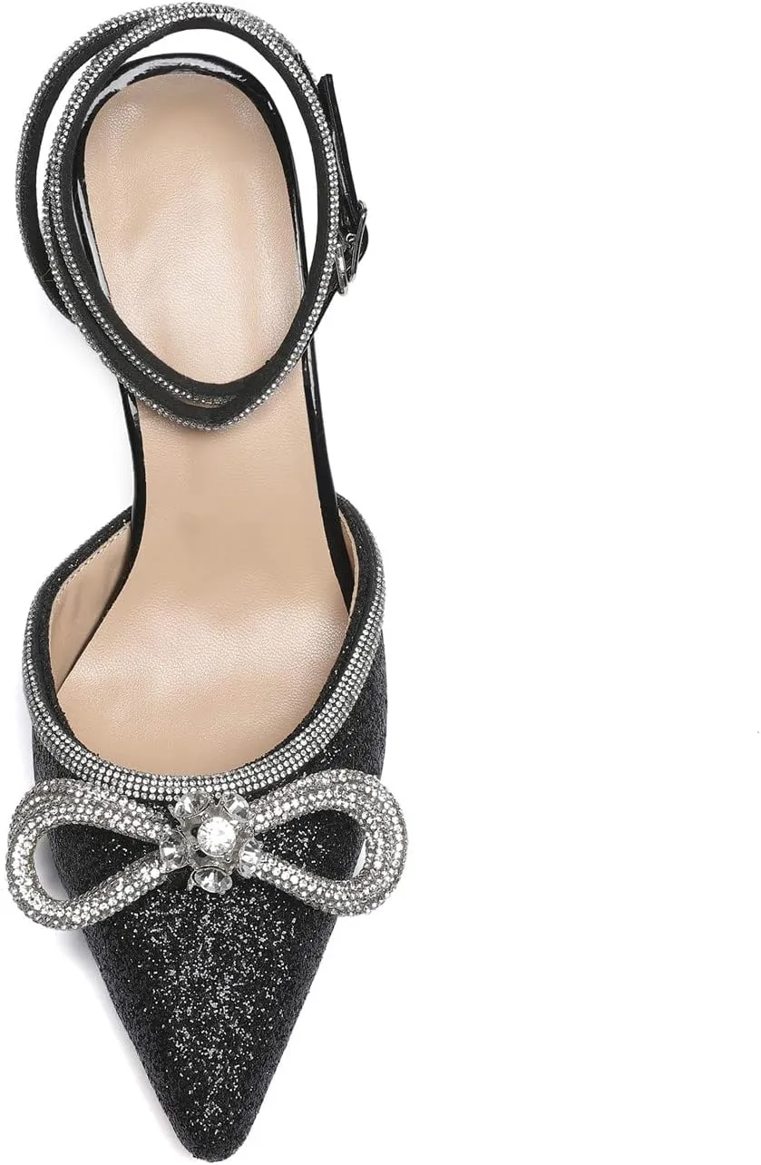 Vertundy Women's Lace up High Heeled Sandals Ankle Buckle Strap Rhinestone Bowknot Stilettos Satin Pointy Pumps