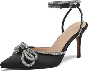 Vertundy Women's Lace up High Heeled Sandals Ankle Buckle Strap Rhinestone Bowknot Stilettos Satin Pointy Pumps