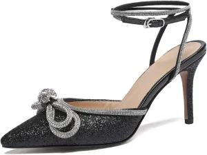 Vertundy Women's Lace up High Heeled Sandals Ankle Buckle Strap Rhinestone Bowknot Stilettos Satin Pointy Pumps