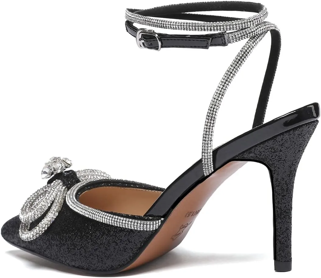 Vertundy Women's Lace up High Heeled Sandals Ankle Buckle Strap Rhinestone Bowknot Stilettos Satin Pointy Pumps