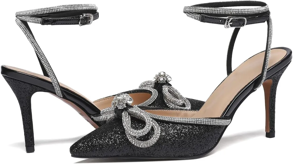 Vertundy Women's Lace up High Heeled Sandals Ankle Buckle Strap Rhinestone Bowknot Stilettos Satin Pointy Pumps