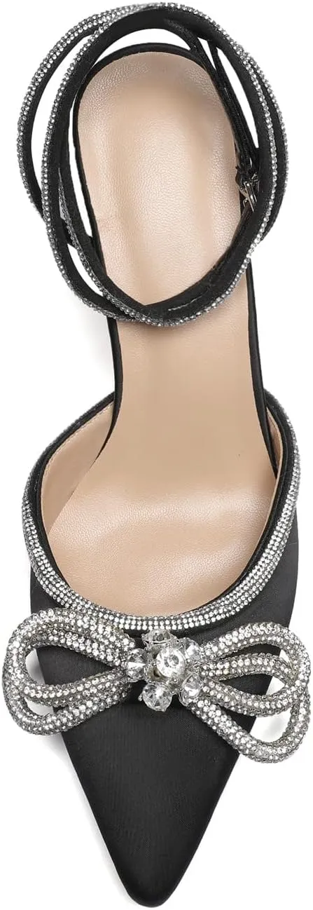 Vertundy Women's Lace up High Heeled Sandals Ankle Buckle Strap Rhinestone Bowknot Stilettos Satin Pointy Pumps