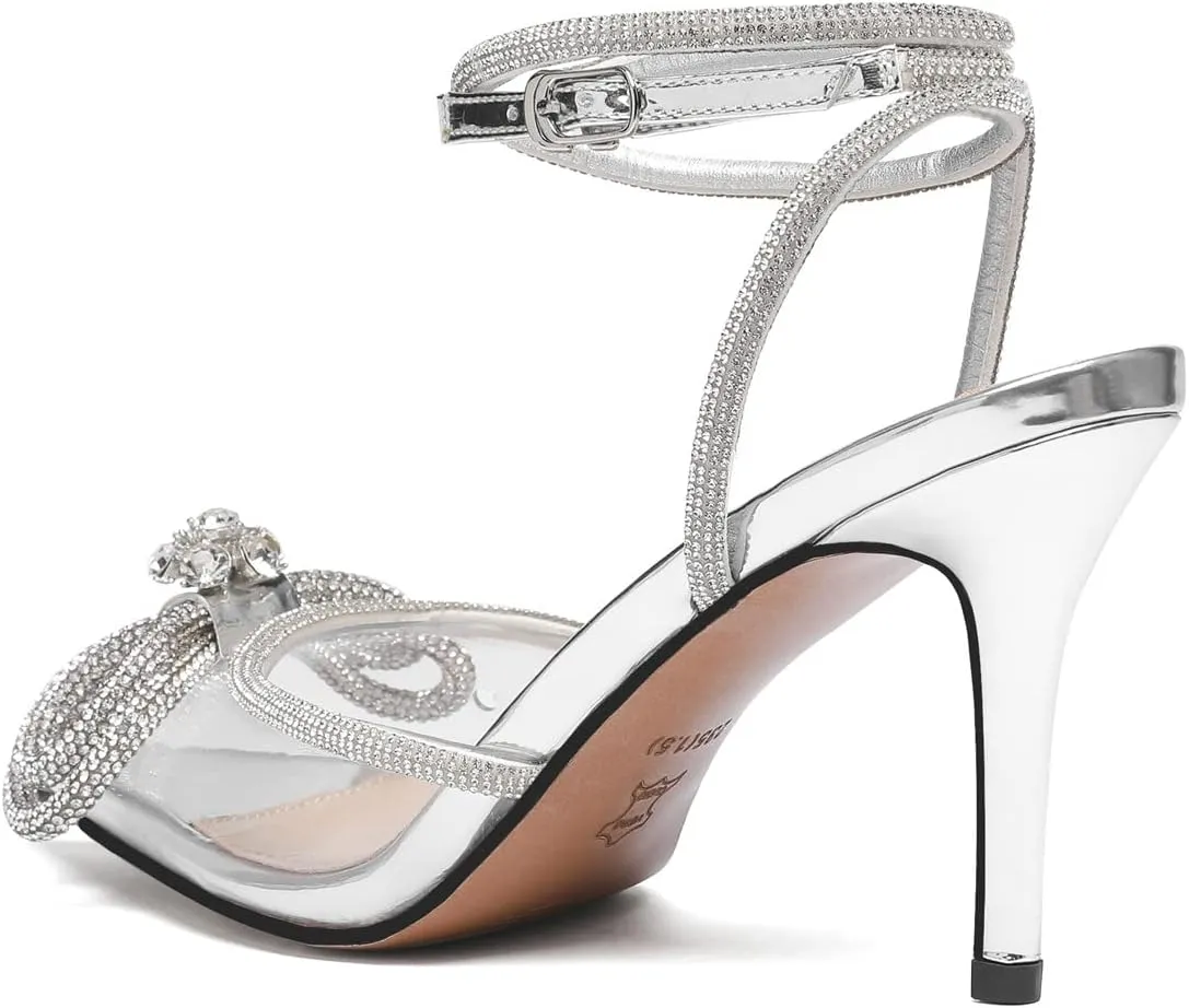 Vertundy Women's Lace up High Heeled Sandals Ankle Buckle Strap Rhinestone Bowknot Stilettos Satin Pointy Pumps