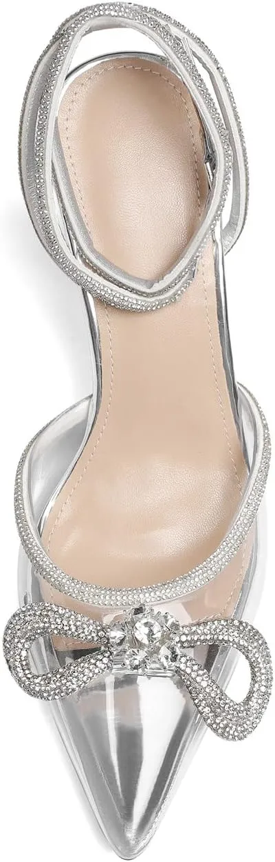 Vertundy Women's Lace up High Heeled Sandals Ankle Buckle Strap Rhinestone Bowknot Stilettos Satin Pointy Pumps