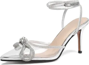Vertundy Women's Lace up High Heeled Sandals Ankle Buckle Strap Rhinestone Bowknot Stilettos Satin Pointy Pumps
