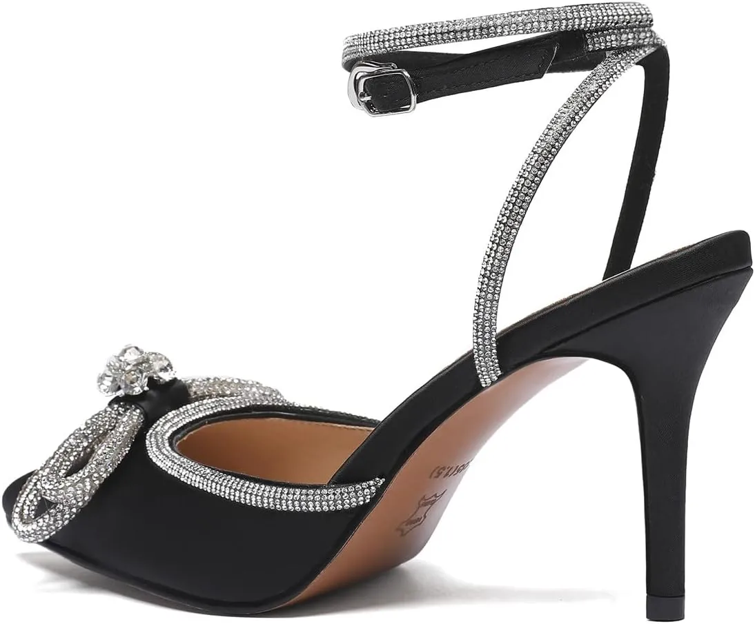 Vertundy Women's Lace up High Heeled Sandals Ankle Buckle Strap Rhinestone Bowknot Stilettos Satin Pointy Pumps