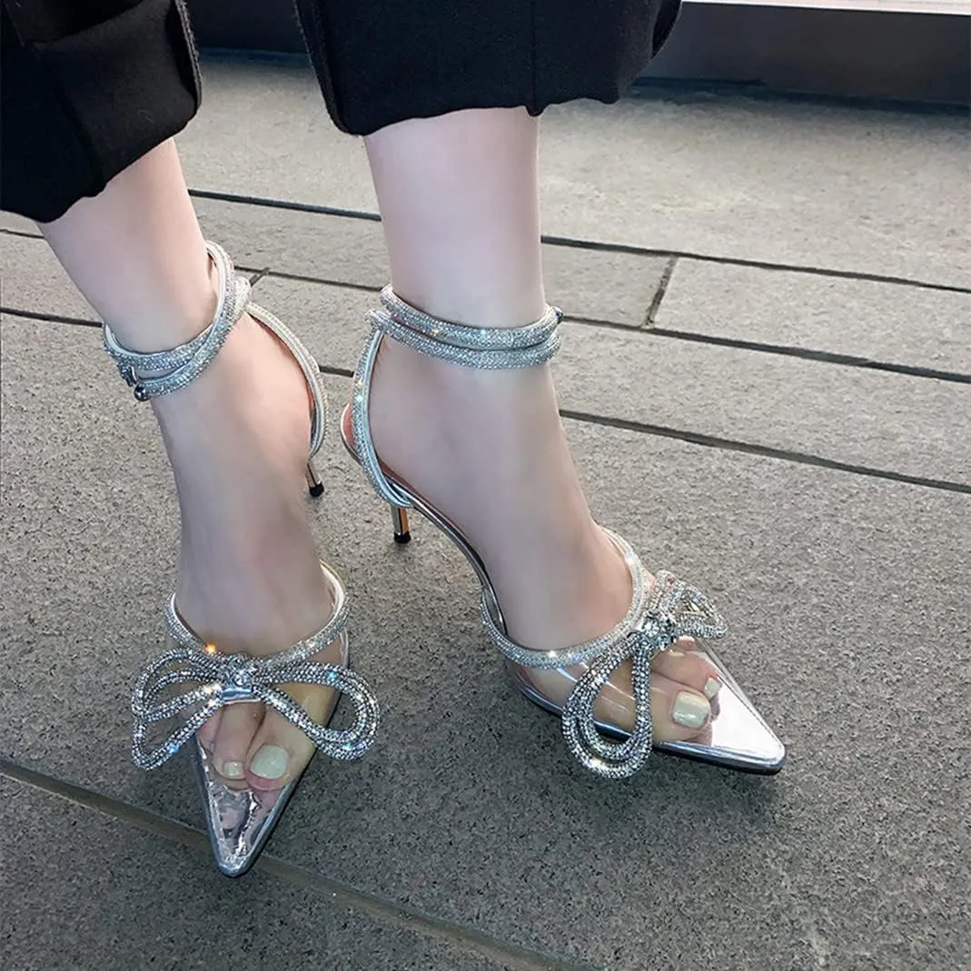 Vertundy Women's Lace up High Heeled Sandals Ankle Buckle Strap Rhinestone Bowknot Stilettos Satin Pointy Pumps