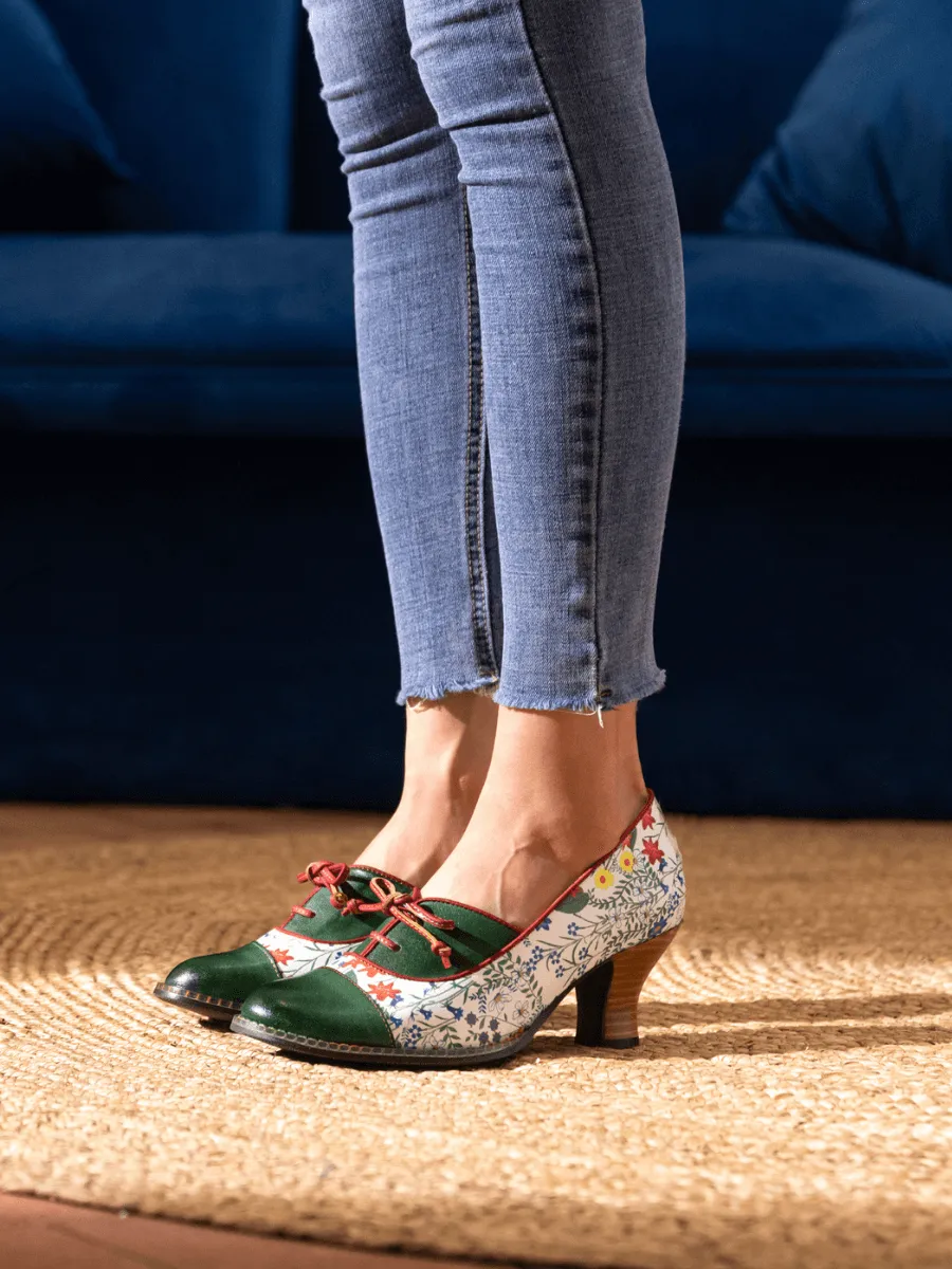 Vicconfy | LILY FLORAL KITTEN HEEL LEATHER PUMP