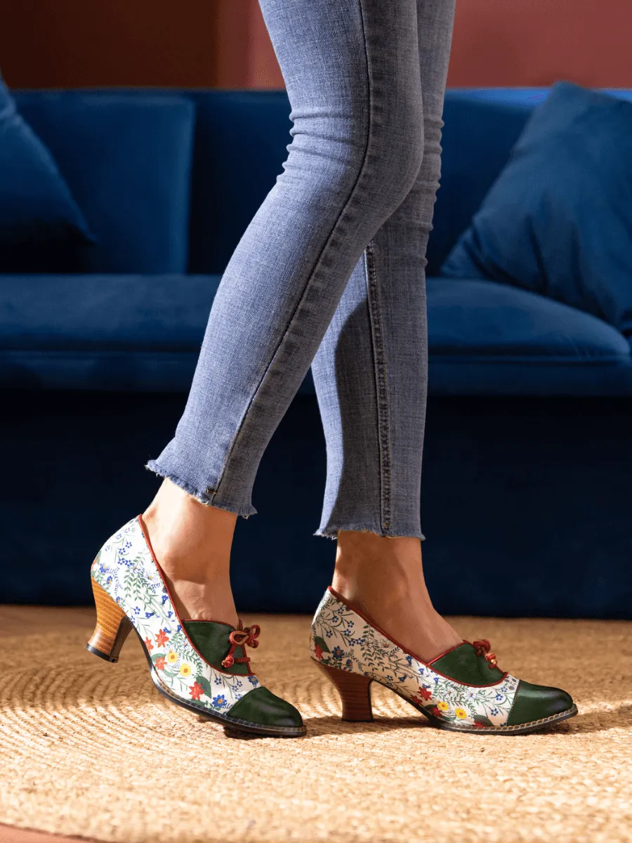 Vicconfy | LILY FLORAL KITTEN HEEL LEATHER PUMP