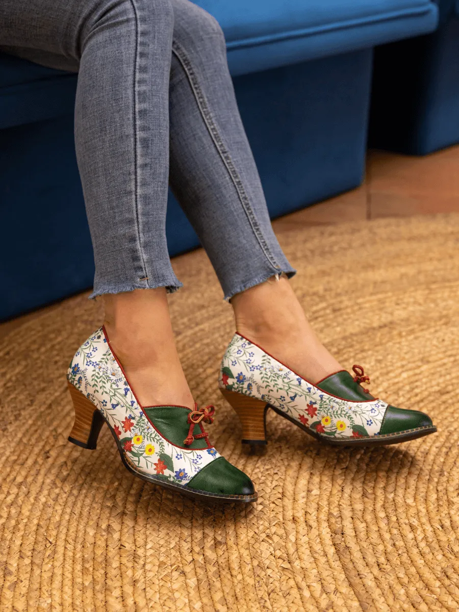 Vicconfy | LILY FLORAL KITTEN HEEL LEATHER PUMP