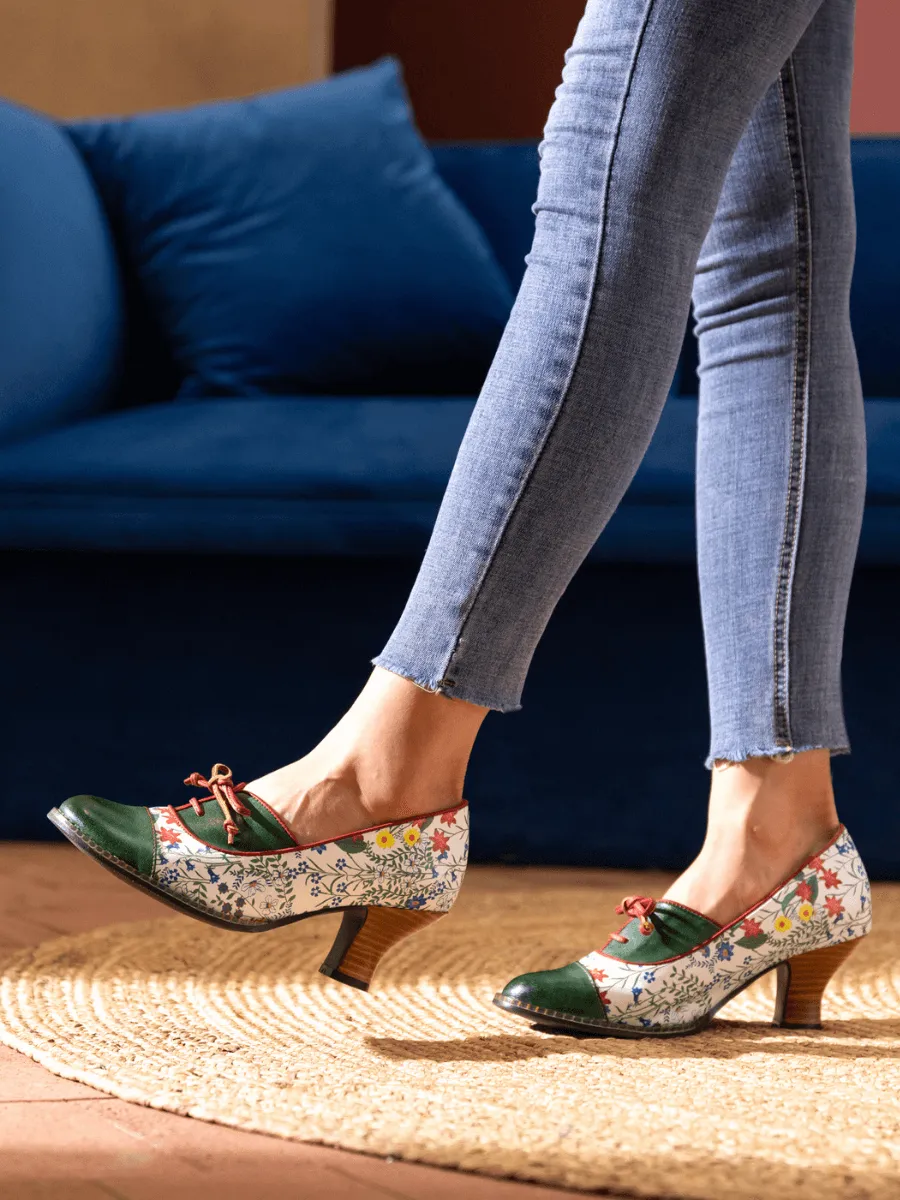 Vicconfy | LILY FLORAL KITTEN HEEL LEATHER PUMP