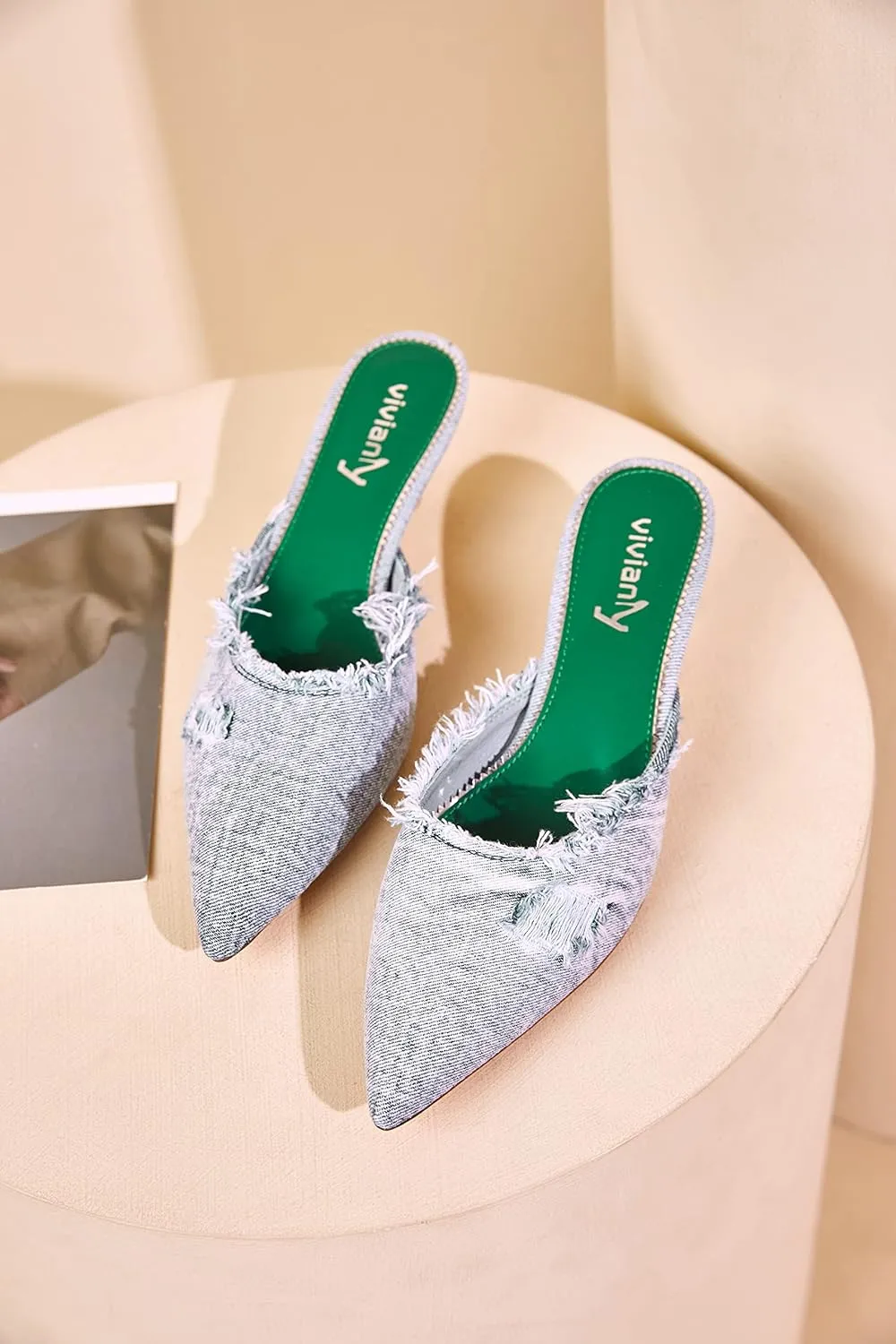 vivianly Women's Denim Heeled Mules Pointed Toe Kitten Heels Sandals