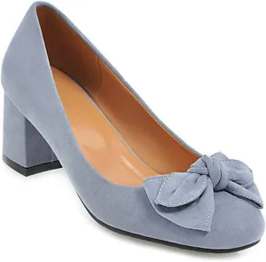 VOKLIN Women's Pointed Toe Bow Dress Pumps Suede Slip On Comfort Chunky Block Mid Heels Work Office Shoes