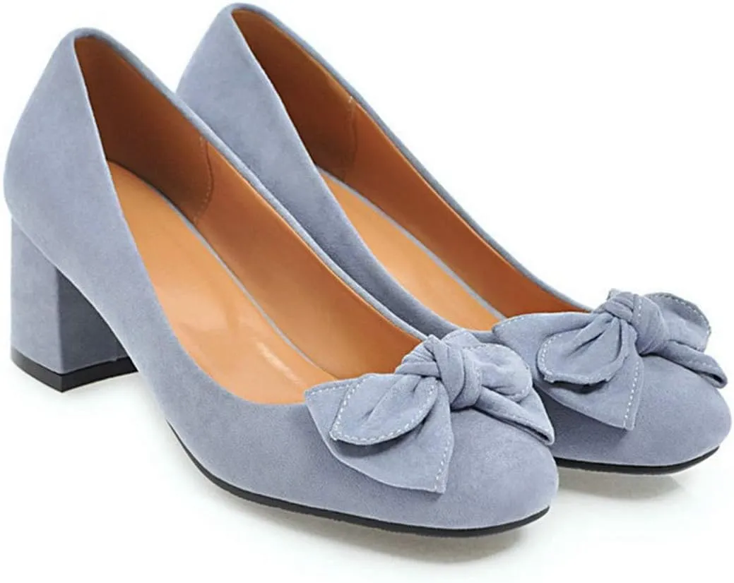VOKLIN Women's Pointed Toe Bow Dress Pumps Suede Slip On Comfort Chunky Block Mid Heels Work Office Shoes