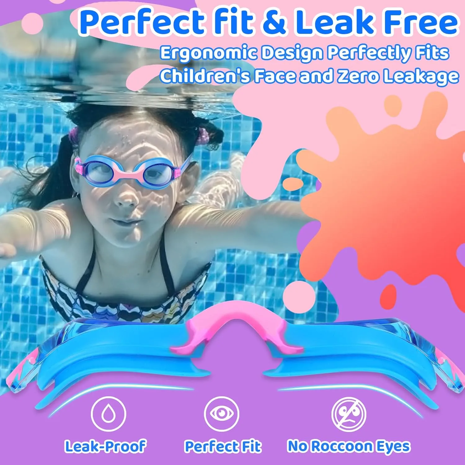 Vvinca Kids Swim Goggles, 3 Pack Toddler Swimming Goggle with Soft Silicone Nose Bridge No Leak Anti-Fog for Kids 3-14