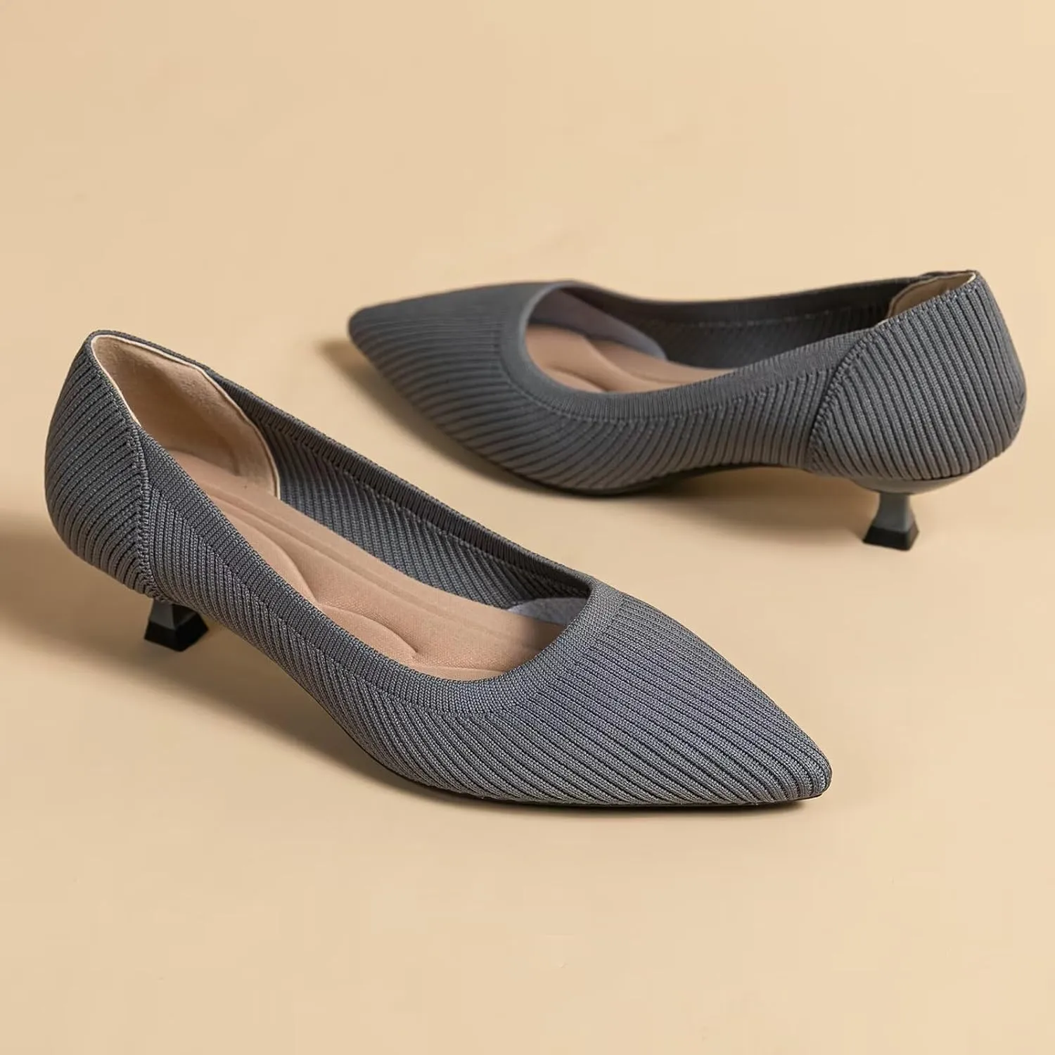 WENJIAZHIZHI Women's Pointy Toe Kitten Heels Classic Knit Pumps for Office Lady Comfortable Wedding Shoes Formal Dress Slip-ons