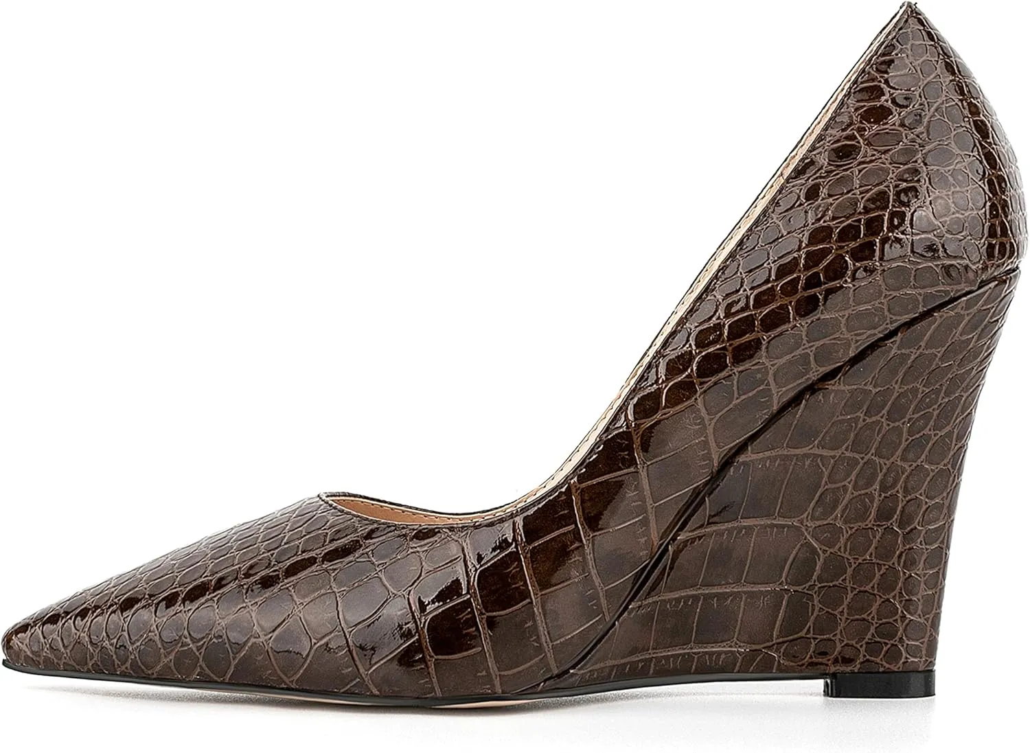 Women Formal Vegan Oil Leather Slip on Pumps Pointed Toe Slide Elegant Croc Skin Prints Shoes