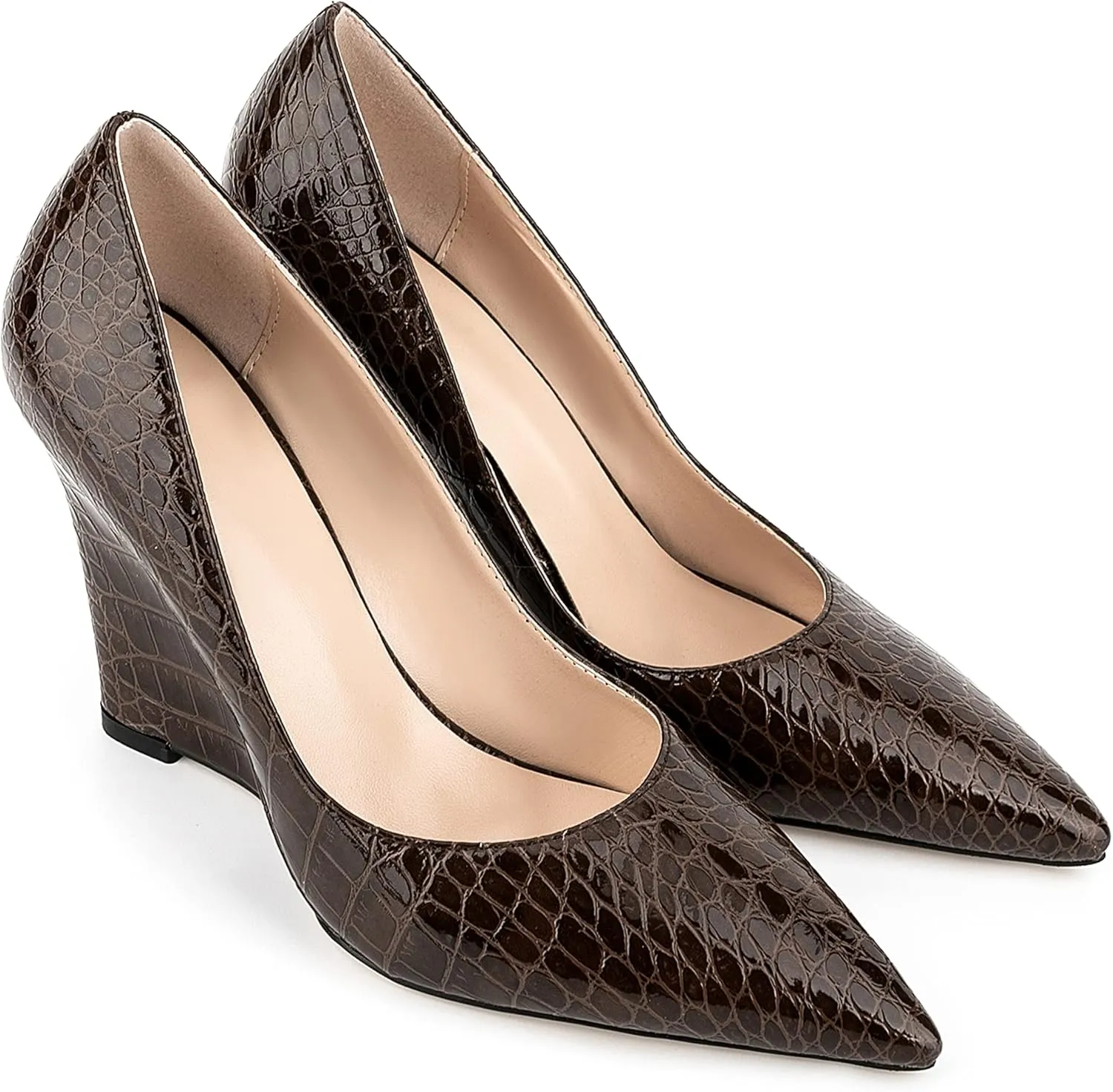 Women Formal Vegan Oil Leather Slip on Pumps Pointed Toe Slide Elegant Croc Skin Prints Shoes