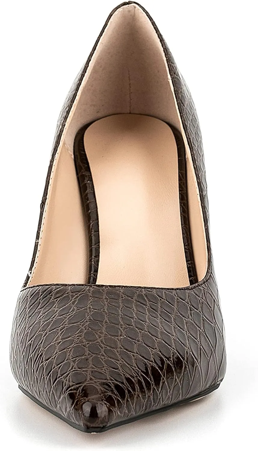Women Formal Vegan Oil Leather Slip on Pumps Pointed Toe Slide Elegant Croc Skin Prints Shoes