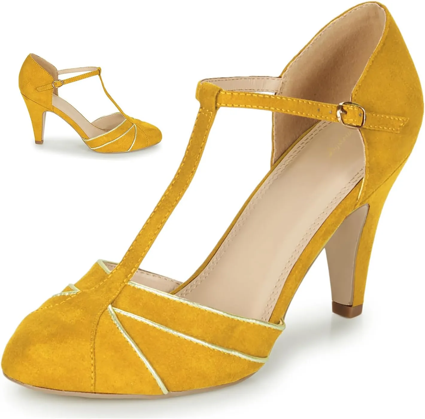 Women Kitten Heel Mary Janes Round Toe Ankle T-Strap Mary Jane Pumps Suede 3 inch Kitten Heel Pump Shoes Cut Out Ankle Strap Buckle Mary Jane Heels Retro Elegant Wedding 4-11 M US