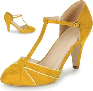 Women Kitten Heel Mary Janes Round Toe Ankle T-Strap Mary Jane Pumps Suede 3 inch Kitten Heel Pump Shoes Cut Out Ankle Strap Buckle Mary Jane Heels Retro Elegant Wedding 4-11 M US