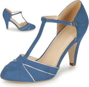 Women Kitten Heel Mary Janes Round Toe Ankle T-Strap Mary Jane Pumps Suede 3 inch Kitten Heel Pump Shoes Cut Out Ankle Strap Buckle Mary Jane Heels Retro Elegant Wedding 4-11 M US